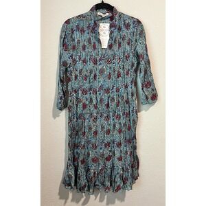 NWT Trade Cloth Dress Size XS Sahara Tunic Blue Floral Pleated 100% Cotton Boho